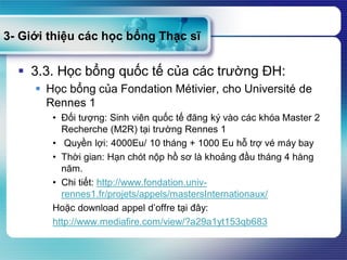 3- Giới thiệu các học bổng Thạc sĩ
 3.3. Học bổng quốc tế của các trường ĐH:
 Học bổng của Fondation Métivier, cho Université de
Rennes 1
• Đối tượng: Sinh viên quốc tế đăng ký vào các khóa Master 2
Recherche (M2R) tại trường Rennes 1
• Quyền lợi: 4000Eu/ 10 tháng + 1000 Eu hỗ trợ vé máy bay
• Thời gian: Hạn chót nộp hồ sơ là khoảng đầu tháng 4 hàng
năm.
• Chi tiết: http://www.fondation.univ-
rennes1.fr/projets/appels/mastersInternationaux/
Hoặc download appel d’offre tại đây:
http://www.mediafire.com/view/?a29a1yt153qb683
 