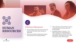 Page 8
HUMAN
RESOURCES
 Annual Targets (GCI) have been set for the
entire team and each team member as
applicable
 Daily Accountability Checklists have been
documented and are always followed
C
 Team members meet with Team Lead on
a quarterly basis to review team and
personal goals
 Capability Analysis (Training) – The
Team Lead has an understanding of
what capabilities are needed within the
organization, what gaps exist and a plan
is in place to close relevant gaps
Performance Management
 