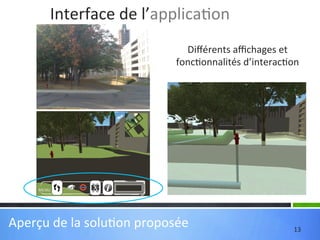 Interface	
  de	
  l’applica'on	
  
Diﬀérents	
  aﬃchages	
  et	
  
fonc'onnalités	
  d’interac'on	
  

Aperçu	
  de	
  la	
  solu'on	
  proposée	
  

13	
  

 
