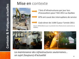 Contexte	
  &	
  Pra%ques	
  actuelles	
  

Mise	
  en	
  contexte	
  
7	
  bris	
  d’infrastructures	
  par	
  jour	
  lors	
  
d’excava'ons	
  pour	
  l’été	
  2011	
  au	
  Québec	
  
87%	
  ont	
  causé	
  des	
  interrup'ons	
  de	
  service	
  
Coût	
  direct	
  de	
  3.6M	
  $	
  pour	
  l’année	
  2011	
  
Source:	
  APISQ	
  (Alliance	
  pour	
  la	
  protec'on	
  des	
  infrastructures	
  souterraines	
  au	
  
Québec)	
  

La	
  maintenance	
  des	
  infrastructures	
  souterraines…	
  
un	
  sujet	
  (toujours)	
  d’actualité	
  

4	
  

 