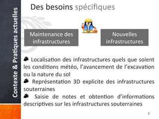 Contexte	
  &	
  Pra%ques	
  actuelles	
  

Des	
  besoins	
  spéciﬁques	
  
Maintenance	
  des	
  
infrastructures	
  	
  

Nouvelles	
  
infrastructures	
  

!  	
   Localisa'on	
  des	
  infrastructures	
  quels	
  que	
  soient	
  

les	
  condi'ons	
  météo,	
  l’avancement	
  de	
  l’excava'on	
  
ou	
  la	
  nature	
  du	
  sol	
  
!  	
   Représenta'on	
   3D	
   explicite	
   des	
   infrastructures	
  
souterraines	
  
!   	
   Saisie	
   de	
   notes	
   et	
   obten'on	
   d’informa'ons	
  
descrip'ves	
  sur	
  les	
  infrastructures	
  souterraines	
  
7	
  

 