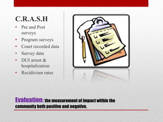 C.R.A.S.H
• Pre and Post
surveys
• Program surveys
• Court recorded data
• Survey data
• DUI arrest &
hospitalization
• Recidivism rates

Evaluation: the measurement of impact within the
community both positive and negative.

 