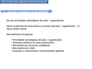 1.  Acordar resultados de desempeño Son las prioridades estratégicas del país / organización. Hacen explicitas las intenciones y acciones del país / organización , el hacia donde vamos. Normalmente incorporan:  Prioridades estratégicas del país / organización  Promesas políticas en áreas particulares Resultados de encuestas ciudadanas Documentos de visión Acuerdos o convenciones internacionales-globales Cómo se que estoy logrando lo que me propuse? 