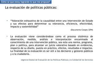 La evaluación de políticas públicas:  “ Valoración exhaustiva de la causalidad entre una intervención de Estado y sus efectos para determinar su relevancia, eficiencia, efectividad, impacto y sostenibilidad”  (Documento Conpes 3294) La evaluación viene considerándose como el proceso sistémico de observación, medida, análisis e interpretación encaminado al conocimiento de una intervención pública, sea esta una norma, programa, plan o política, para alcanzar un juicio valorativo basado en evidencias, respecto de su diseño, puesta en práctica, efectos, resultados e impactos. La finalidad de la evaluación es ser útil a los decisores y gestores públicos y a la ciudadanía.  (Agencia Estatal de Evaluación de las Políticas Públicas y la Calidad de los Servicios) Cómo se que estoy logrando lo que me propuse? 
