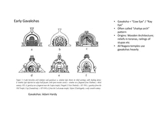 Gavakshas: Adam Hardy
Early Gavakshas • Gavaksha = “Cow Eye” / “Ray
Eye”
• Often called “chaitya arch”
pattern
• Origins: Wooden Architecture;
reliefs in toranas, railings of
stupas etc
• All Nagara temples use
gavakshas heavily
 