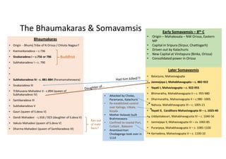 The Bhaumakaras & Somavamsis
Bhaumakaras
• Origin - Bhumij Tribe of N Orissa / Chhota Nagpur?
• Ksemankaradeva – c.736
• Sivakaradeva I – c.756 or 786
• Subhakaradeva I – c. 790
•
•
• Subhakaradeva IV - c. 881-884 (Paramamaheswara)
• Sivakaradeva III
• Tribhuvana Mahadevi II - c.894 (queen of
Subhakaradeva IV)
• Santikaradeva III
• Subhakaradeva V
• Gauri (queen of S.deva V)
• Dandi Mahadevi - c.916 / 923 (daughter of S.deva V)
• Vakula Mahadevi (queen of S.deva V)
• Dharma Mahadevi (queen of Santikaradeva III)
Later Somavasmis
• Balarjuna, Mahasivagupta
• Janmejaya I, Mahabhavagupta – c. 882-922
• Yayati I, Mahasivagupta – c. 922-955
• Bhimaratha, Mahabhavagupta II – c. 955-980
• Dharmaratha, Mahasivagupta II – c.980 -1005
• Nahusa, Mahabhavagupta III – c. 1005-21
• Yayati II, Candihara Mahasivagupta III – c. 1025-40
• Uddyotakesari, Mahabhavaguota IV – c. 1040-56
• Janmejaya II, Mahasivagupta IV – cv. 1065-85
• Puranjeya, Mahabhavagupta V – c. 1085-1100
• Karnadeva, Mahasivagupta V – c. 1100-10
Buddhist
Ran out
of male
heirs?
Early Somavamsis – 8th C
• Origin – Mahakosala – NW Orissa, Eastern
MP
• Capital in Sripura (Sirpur, Chattisgarh)
• Driven out by Kalachuris
• New Capital at Vinitapura (Binka, Orissa)
• Consolidated power in Orissa
• Attacked by Cholas,
Paramaras, Kalachuris
• Re-established control
over Kalinga, Utkala,
Kosala
• Mother Kolavati built
Brahmeswara
• Confined to coastal Puri,
Cuttack , Balasore
• Anantavarman
Chodaganga took over in
1114
 