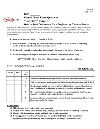 Jenkins
Eng 12CP
DUE: ________
Cornell Notes Focus Questions
“One Story” Chapter
How to Read Literature Like a Professor by Thomas Foster
Instructions: Your Cornell notes should ultimately address the following questions and concepts articulated below.
That said, you are not just merely sticking to this information alone and your notes should NOT merely be a list of
these questions with answers. You are to use your notes on the entire chapter to address the main idea points
presented here.
1. What is the one story theory? Explain in depth.
2. Why do writers keeptelling the same story over and over? Why do readers keepreading
stories if it is merely the same story over and over?
3. Define, offer examples, and explain intertextuality in terms of the theory of one story.
4. Define archetypes and explain their roles & functions in the theory of one story.
KEY VOCABULARY: One Story Theory, intertextuality, parody archetypes
FOCUS CORRECTIONAL AREAS
________/ 30 Total Points
MRS J YOU TOTAL
PTS
10 All main idea questions prompted (above) are fully addressed/answered.
5 Each key vocabulary word appears highlighted/underlined and accurately defined.
5 Key Concepts include a record ofat least 8-10 key ideas expressed directly in the
text (should appear as a balance between direct quoting and key phrases/points).
5 Recorded Notes include thorough and accurate responses to the Key Concepts
section by specifically referencing details from the text.
5 Summary fully and accurately sums up, in 6-8 sentences minimum, at least 5 main
ideas expressed in the chapter.
Requirements:
❏ MLA format; types (unless otherwise approved)
❏ Cornell notes format (must include Key Concepts, Recorded Notes, & Summary sections)
❏ Chapter title in quotation marks and book title in italics/underline
❏ Notes appear in “short-hand” techniques are used in that bullet points, indentation,
highlighting/bolding/underlining appear to organize the chapter in notation form
 
