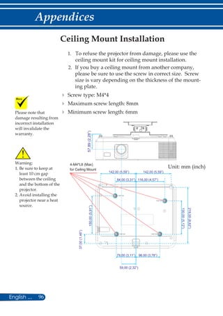 96English ...
Appendices
130,00(5,12”)
219,00(8,62”)
96,00 (3,78”)79,00 (3,11”)
59,00 (2,32”)
116,00 (4,57”)84,00 (3,31”)
142,00 (5,59”)142,00 (5,59”)
37,00(1,46”)
150,00(5,91”)
4-M4*L8 (Max)
for Ceiling Mount
57,89(2,28”)
Please note that
damage resulting from
incorrect installation
will invalidate the
warranty.
Ceiling Mount Installation
	 1.	To refuse the projector from damage, please use the
ceiling mount kit for ceiling mount installation.
	 2.	If you buy a ceiling mount from another company,
please be sure to use the screw in correct size. Screw
size is vary depending on the thickness of the mount-
ing plate.
	Screw type: M4*4
	Maximum screw length: 8mm
	Minimum screw length: 6mm
Warning:
1. Be sure to keep at
least 10 cm gap
between the ceiling
and the bottom of the
projector.
2. Avoid installing the
projector near a heat
source.
Unit: mm (inch)
 