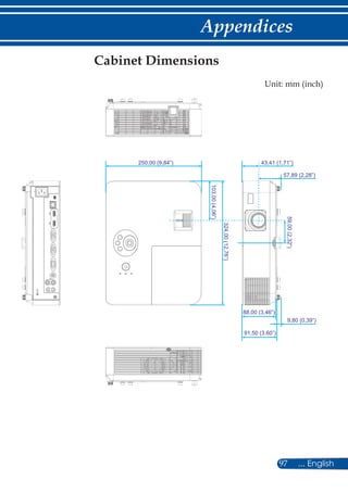 97 ... English
Appendices
Cabinet Dimensions
103,00(4,06”)
59,00(2,32”)
324,00(12,76”)
250,00 (9,84”) 43,41 (1,71”)
57,89 (2,28”)
91,50 (3.60”)
88,00 (3,46”)
9,80 (0,39”)
Unit: mm (inch)
 
