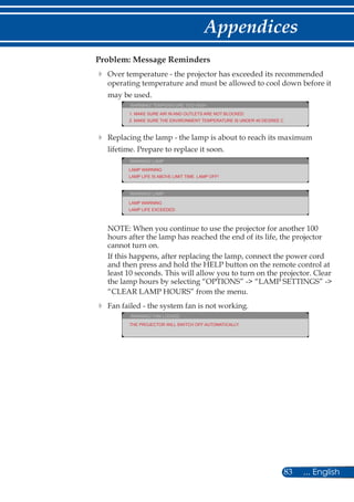 83 ... English
Appendices
Problem: Message Reminders
	Over temperature - the projector has exceeded its recommended
operating temperature and must be allowed to cool down before it
may be used.
WARNING! TEMPERATURE TOO HIGH
1. MAKE SURE AIR IN AND OUTLETS ARE NOT BLOCKED.
2. MAKE SURE THE ENVIRONMENT TEMPERATURE IS UNDER 40 DEGREE C
	Replacing the lamp - the lamp is about to reach its maximum
lifetime. Prepare to replace it soon.
WARNING! LAMP
LAMP WARNING
LAMP LIFE IS ABOVE LIMIT TIME. LAMP OFF!
WARNING! LAMP
LAMP WARNING
LAMP LIFE EXCEEDED.
NOTE: When you continue to use the projector for another 100
hours after the lamp has reached the end of its life, the projector
cannot turn on.
If this happens, after replacing the lamp, connect the power cord
and then press and hold the HELP button on the remote control at
least 10 seconds. This will allow you to turn on the projector. Clear
the lamp hours by selecting “OPTIONS” - “LAMP SETTINGS” -
“CLEAR LAMP HOURS” from the menu.
	Fan failed - the system fan is not working.
WARNING! FAN LOCKED
THE PROJECTOR WILL SWITCH OFF AUTOMATICALLY.
 