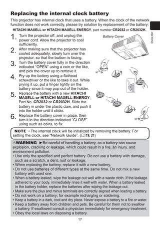 Replacing the internal clock battery
HITACHI MAXELL or HITACHI MAXELL ENERGY, part number CR2032 or CR2032H.

Turn the projector off, and unplug the
Battery Cover

1. power cord. Allow the projector to cool

5.

OPEN
CLOSE

90°

OPEN
CLOSE

6.

90°

OPEN
CLOSE

4.

OPEN

3.

CLOSE

2.

sufficiently.
A
 fter making sure that the projector has
cooled adequately, slowly turn over the
projector, so that the bottom is facing.
T
 urn the battery cover fully in the direction
indicated “OPEN” using a coin or the like,
and pick the cover up to remove it.
P
 ry up the battery using a flathead
screwdriver or the like to take it out. While
prying it up, put a finger lightly on the
battery since it may pop out of the holder.
R
 eplace the battery with a new HITACHI
MAXELL or HITACHI MAXELL ENERGY,
Part No. CR2032 or CR2032H. Slide the
battery in under the plastic claw, and push it
into the holder until it clicks.
R
 eplace the battery cover in place, then
turn it in the direction indicated “CLOSE”
using such as coins, to fix.

NOTE • The internal clock will be initialized by removing the battery. For
setting the clock, see “Network Guide”. (19, 21)
WARNING ►Be careful of handling a battery, as a battery can cause
explosion, cracking or leakage, which could result in a fire, an injury, and
environment pollution.
•  se only the specified and perfect battery. Do not use a battery with damage,
U
such as a scratch, a dent, rust or leakage.
•  hen replacing the battery, replace it with a new battery.
W
•  o not use batteries of different types at the same time. Do not mix a new
D
battery with used one.
• When a battery leaked, wipe the leakage out well with a waste cloth. If the leakage

adhered to your body, immediately rinse it well with water. When a battery leaked
in the battery holder, replace the batteries after wiping the leakage out.
• Make sure the plus and minus terminals are correctly aligned when loading a battery.

•  o not work on a battery; for example recharging or soldering.
D
• Keep a battery in a dark, cool and dry place. Never expose a battery to a fire or water.

• Keep a battery away from children and pets. Be careful for them not to swallow

a battery. If swallowed consult a physician immediately for emergency treatment.
•  bey the local laws on disposing a battery.
O
17

ENGLISH

This projector has internal clock that uses a battery. When the clock of the network
function does not work correctly, please try solution by replacement of the battery:

 