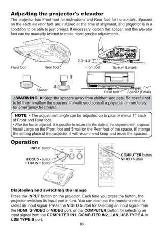Adjusting the projector's elevator
The projector has Front foot for inclinations and Rear foot for horizontals. Spacers
on the each elevator foot are installed at the time of shipment, and projector is in a
condition to be able to just project. If necessary, detach the spacer, and the elevator
feet can be manually twisted to make more precise adjustments.

2.3~4.3°
Front foot

Front foot

Rear foot

Spacer (Large)

Spacer

Rear foot

-1~1°
Spacer (Small)

WARNING ►Keep the spacers away from children and pets. Be careful not
to let them swallow the spacers. If swallowed consult a physician immediately
for emergency treatment.
NOTE • The adjustment angle can be adjusted up to plus or minus 1° each
of Front and Rear foot.
• After the foot is adjusted, it is possible to return it to the state of the shipment with a spacer.
Install Large on the Front foot and Small on the Rear foot of the spacer. If change
the setting place of the projector, it will recommend keep and reuse the spacers.

Operation
INPUT button

VIDEO

ASPECT

MAGNIFY
ON

FOCUS - button
FOCUS + button

MY SOURCE/
COMPUTER DOC.CAMERA

AUTO

FREEZE

SEARCH

PAGE
UP

BLANK

VOLUME
＋

DOWN

OFF

KEYSTONE

-

1

FOCUS

MY BUTTON

-

+

2

ー

MUTE

D-ZOOM

COMPUTER button
VIDEO button

+

MENU

POSITION

ENTER

ESC

RESET

Displaying and switching the image
Press the INPUT button on the projector. Each time you press the button, the
projector switches its input port in turn. You can also use the remote control to
select an input signal. Press the VIDEO button for selecting an input signal from
the HDMI, S-VIDEO or VIDEO port, or the COMPUTER button for selecting an
input signal from the COMPUTER IN1, COMPUTER IN2, LAN, USB TYPE A or
USB TYPE B port.
10

 