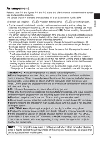 Arrangement

a Screen size (diagonal)

b1 , b2 Projection distance (±8%)

c1 , c2 Screen height (±8%)

•  or the case of installation in special conditions such as on the wall or ceiling, the
F
specified mounting accessories (20) and service may be required. Tabletop use must
be set up with the designated optional accessories(20). Before installing the projector,
consult your dealer about your installation.
•  he screen position may shift after installation if the projector is mounted on locations such
T
as the wall or ceiling, due to the flexibility of the plastic projector body. If readjustment is
necessary, consult with your dealer or service personnel.
•  he projected image position and/or focus may change during warm-up (approx. 30
T
minutes after the lamp is turned on) or when the ambient conditions change. Readjust
the image position and/or focus as necessary.
•  ince the projector features an ultra short throw, be aware that it is required to select a
S
screen carefully to have better performance.
-  soft screen such as a pull-down screen may cause serious distortion of a projected
A
image. A hard screen such as a board screen is recommended for use with this projector.
-  high-gain screen such as a bead screen that has narrow viewing angle is not suitable
A
for this projector. A low-gain screen (around 1.0) such as a matte screen that has wide
viewing angle is recommended for use with this projector.
- A screen with a weave pattern may cause moiré on the projected image, which is not a failure

of the projector. A screen that has less moiré effects is recommended for use with this projector.

WARNING ►Install the projector in a stable horizontal position.
►Place the projector in a cool place, and ensure that there is sufficient ventilation.
Keep a space of 30 cm or more between the sides of the projector and other objects
such as walls. Do not place or attach anything that would block the lens or vent
holes. Do not place the projector where the air from an air conditioner or similar unit
will blow on it directly.
►Do not place the projector anyplace where it may get wet.
►Use only the mounting accessories the manufacturer specified, and leave installing
and removing the projector with the mounting accessories to the service personnel.
►Read and keep the user's manual of the mounting accessories used.
►Do not install, move or adjust the product in high places yourself. Leave it to your dealer.
►Before installing the projector in high places, make sure the cover is not attached
to the pen sensor.
CAUTION ►Avoid placing the projector in smoky, humid or dusty place.
►Position the projector to prevent light from directly hitting the projector’s remote sensor.
►If the projector is used at an altitude of about 1600 m or higher, set FAN SPEED
of the SERVICE item in the OPTION menu to HIGH. Otherwise, set it to NORMAL.
If the projector is used with a wrong setting, it may cause damage to the projector
itself or the parts inside.

NOTE • The projector may make a rattling sound when tilted, moved or shaken,
since a flap to control the air flow inside of the projector has moved. Be aware that
this is not a failure or malfunction.
5

ENGLISH

Refer to table T-1 and figures F-1 and F-2 at the end of this manual to determine the screen
size and projection distance.
The values shown in the table are calculated for a full size screen: 1280 x 800

 