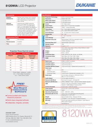 *	Actual lamp life will vary by individual lamp based on environmental conditions, selected operating mode, user settings and usage. Hours of average lamp
life specified are not guaranteed and do not constitute part of the product or lamp warranty. Lamp brightness decreases over time.
**	Actual filter life will vary by individual filter based on environmental conditions, selected operating mode, user settings and usage. Hours of average filter
life specified are not guaranteed and do not constitute part of the product warranty.
Accessories
Supplied
Accessories
Remote control, power cord, computer
cable, USB cable, interactive software
DVD, interactive pen x 2, pen tips x 4,
user’s manual
Optional
Accessories
Interactive pen (I-PEN3), interactive
pen tip x12 (I-PEN3 Tip), finger touch
unit (FT-01), wall mount (HAS-WM03),
wall mount (HAS-WM05), wall adapter for
16 (HAS-WA16), table stand kit (TT03),
bracket for Apple TV (HAS-RB01), adapter
for A3 wall mount (HAS-WB01), adapter
for A100 wall mount (CPA100ADPA7),
wireless adapter (USBWL11N), MS-1,
MS-1WL multifunction switchers
Replacement Parts
Lamp 456-8120WIA
Remote Control HL03033
Filter UX37191
Specifications
Display
Projection Technology 3LCD, 3 chip technology
Resolution WXGA 1280 x 800
White Light Output 2,700 ANSI lumens
Color Light Output 2,700 ANSI lumens
Colors 16.7 million colors
Aspect Ratio Native 16:10 / 4:3 and 16:9 compatible
Contrast Ratio 10000 : 1 (using active IRIS)
Throw Ratio
(distance : width)
0.2 : 1 from edge of projector to screen
0.3 : 1 from mirror cover to screen
Focus Distance 16 - 27 from mirror cover to screen
Display Size 60 - 100
LensOperation
Lens F = 1.8, f = 4.21 mm
Lamp Wattage 250W
Expected Lamp Life* Approximately 5,000 hours (standard mode)
10,000 hours (Eco-2 mode)
Expected Filter Life** Approximately 4,000 hours
Speaker Output 16W
Keystone H and V: +/- 5º
Compatibility
Computer VGA, SVGA, XGA, WXGA, WXGA+/SXGA/WSXGA+/UXGA
(compressed), MAC 16
H-Sync 15 kHz - 106 kHz
V-Sync 50 Hz - 120 Hz
Composite Video NTSC, NTSC4.43, PAL, PAL-M, -N, SECAM
Component Video 480i, 480p, 576i, 720p, 1080i, 1080p
HDMI 480i, 480p, 576i, 720p, 1080i, 1080p,
computer signal TMDS clock 27 MHz - 150 MHz
Connectors
Digital Input HDMI x 2 (HDCP compliant)
Computer Input 1 15-pin mini D-sub x 1
Computer Input 2 15-pin mini D-sub x 1
Computer Monitor Output 15-pin mini D-sub x 1 (shared with computer in 2)
Video Input
S-Video N/A
Composite Video RCA jack x 1
Component Video 15-pin D-sub x 2 (shared with computer in 1/2)
Audio Input 3.5 mm stereo mini jack x 1, RCA jack (L/R) x 1,
MIC-in 3.5 mm mini jack x 1
Audio Output 3.5 mm stereo mini jack x 1
Network LAN Wired RJ-45 port (10 base-T / 100 base-TX)
Network LAN Wireless USB-A, IEEE802.11 b/g/n - optional wireless adapter required
USB Type A x 2 (PC-less presentation, wireless adapter)
Type B x 1 (USB display or mouse control)
Control Terminals 9-pin D-sub x 1 (RS-232 control)
RatingsWarranty
Power Supply AC100-120V / AC220-240V, 50/60Hz
Power Consumption 360W
Operating Temperature 32ºF - 104ºF (0ºC - 40ºC)
Dimensions (W x D x H) 14.8 x 14.2 x 5.4 (excluding protruding parts)
Shipping 22.2 x 18.9 x 9.6
Weight Approximately 9.9 lbs. / Shipping 18.5 lbs.
Approvals UL 60950-1 / cUL, FCC part 15 subpart B Class B
Warranty Five (5) year limited warranty plus Dukane’s 1 year Peace of
Mind Loaner Program
UPC 605194004775
Projection Throw Chart (In inches)
Screen Size 16:10 Throw Distance
Diagonal Distance from
edge of projector
to screen
Distance from
mirror cover
to screen
60 5.0 16.1
70 7.8 18.9
80 10.5 21.6
90 13.3 24.4
100 16.1 27.1
Throw Ratio: (distance : width)
0.2 : 1 from edge of projector
0.3 : 1 from mirror cover
8120WIA
StarBoard
Interactive
Software
FREE!
■ Comes bundled with Dukane
interactive projectors
■ World-class integrated software
■ Collaborate, integrate, annotate
8120WIA LCD Projector
DUKANE CORP
Audio Visual Products
2900 Dukane Drive, St. Charles, Illinois 60174
Toll-free: 888-245-1966 • Fax: 630-584-5156
E-mail: avsales@dukane.com
www.dukane.com/av
HI0439-07/15
 