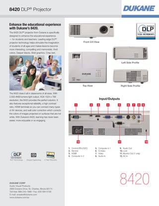 8420 DLP® Projector


Enhance the educational experience
with Dukane’s 8420.
The 8420 DLP® projector from Dukane is specifically
designed to enhance the educational experience
— for students and teachers. Leading edge DLP®
projector technology helps stimulate the imagination                      Front 3/4 View
of students of all ages and makes lessons become
more interesting, compelling and memorable. Vivid
colors. Deeper blacks. Bold graphics. Crisp text.



                                                                                                               Left Side Profile




                                                                          Top View                             Right Side Profile


The 8420 does it all in classrooms of all sizes. With
2,500 ANSI lumens light output, XGA 1024 x 768
resolution, the 8420 provides the perfect solution. It                                      Input/Outputs
also features exceptional reliability, a high contrast
                                                                 1                2     3          4      5          6     7     8     9
ratio, HDMI terminals so you can connect many types
of AV devices, and wall color correction which corrects
the colors of images projected on surfaces that are not
white. With Dukane’s 8420, learning has never been
easier, more enjoyable or so engaging.




                                                                     12                                   11                               10

                                                          1.	 Control (RS-232C)       5.	 Computer in 1     9.	 Audio Out
                                                          2.	Service                  6.	S-Video            10.	Lock
                                                          3.	HDMI                     7.	Video              11.	Monitor Out (1 only)
                                                          4.	 Computer in 2           8.	 Audio In          12.	AC In
DLP Technology    Closed Captioning   5 Year Warranty




DUKANE CORP
Audio Visual Products
2900 Dukane Drive, St. Charles, Illinois 60174
                                                                                                           8420
Toll-free: 888-245-1966 • Fax: 630-584-5156
E-mail: avsales@dukane.com
www.dukane.com/av
 