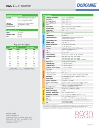 8930 LCD Projector


 Accessories and Lenses                                              Specifications
 Supplied                  Remote control, power cord, computer                           Projection Technology                   3LCD, 3 chip technology
 Accessories               cable, network and wireless software,                          Resolution                              XGA - 1024 x 768
                           user’s manuals, safety manual
                                                                                          White Light Output                      3,200 ANSI lumens
                                                                                          Color Light Output                      3,200 ANSI lumens




                                                                     Display
 Optional                  USBWL11N USB wireless adapter,
 Accessories               TB-1 wireless USB tablet                                       Colors                                  16.7 million colors
 Optional Lenses           NA                                                             Aspect Ratio                            Native 4:3 and 16:9 / 16:10 compatible
                                                                                          Contrast Ratio                          3000 : 1 (using active IRIS)
 Replacement Parts                                                                        Throw Ratio                             1.5 - 1.8 : 1
                                                                                          (distance : width)
 Lamp                      456-8755N
                                                                                          Lens                                    x1.2 with manual zoom
 Remote Control            HL02881
                                                                                          Lamp Wattage




                                                                     Lens  Operation
                                                                                                                                  215W UHP
 Filter                    MU06481
                                                                                          Expected Lamp Life*                     Approximately 5,000 hours (standard mode)
                                                                                                                                  6,000 hours (Eco mode)
                                                                                          Expected Filter Life**                  Approximately 5,000 hours
                                                                                          Speaker Output                          16W (8W x 2)
                                                                                          Acoustic Noise Level                    36 dB (29 dB in Eco mode)
                   Projection Throw Chart
                                                                                          Keystone                                +/- 30º vertical only
          Screen Size 4:3                    Throw Distance
                                                                                          Computer                                VGA, XGA, WXGA, WXGA+, SVGA, SXGA+,
   Diagonal              Width             Min              Max                                                                   UXGA (compressed), MAC 16
                                                                     Compatibility




          30               24               32               39                           H-Sync                                  31.5 kHz - 106 kHz
                                                                                          V-Sync                                  56 Hz - 120 Hz
          60               48               68               82
                                                                                          Composite Video                         NTSC, NTSC4.43, PAL, PAL-M, -N, SECAM
          80               64               92              111                           Component Video                         480i, 480p, 576i, 720p, 1080i, 1080p
      100                  80              116              140                           HDMI                                    480i, 480p, 576i, 720p, 1080i, 1080p,
                                                                                                                                  Computer signal TMDS Clock 27 MHz - 150 MHz
      150                 120              175              211                           Digital Input                           HDMI x 1 (HDCP compliant)
      200                 160              235              283                           Computer Input 1                        15-pin mini D-sub x 1

      300                 240              354              426                           Computer Input 2                        15-pin mini D-sub x 1
                                                                                          Computer Monitor Output                 15-pin mini D-sub x 1
          Throw Ratio: 1.5 - 1.8 : 1 (distance : width)
                                                                                          Video Input
          Screen size and throw distance are measured in inches.
                                                                                             S-Video                              Mini DIN 4-pin x 1
                                                                     Connectors




                                                                                             Composite Video                      RCA jack x 1
                                                                                             Component Video                      15-pin mini D-sub x 2 (shared w/analog computer 1/2)
                                                                                          Audio Input                             3.5 mm stereo mini jack x 2, RCA jack (L/R) x 1
                                                                                          Audio Output                            RCA jack (L/R) x 1
                                                                                          Network LAN Wired                       RJ-45 port / 100-base-T
                                                                                          Network LAN Wireless                    IEEE802.11 b/g/n - optional wireless adapter required
                                                                                          USB                                     Type A x 2 (PC-less, wireless adapter, TB-1)
                                                                                                                                  Type B x 1 (USB display or mouse control)
                                                                                          Control Terminals                       9-pin D-sub x 1 (RS-232 control)
                                                                                          Power Supply                            AC90-132V / AC198-264V, 50/60Hz
                                                                                          Power Consumption                       310W
                                                                     Ratings  Warranty




                                                                                          Operating Temperature                   40ºF - 95ºF (5ºC - 35ºC)
                                                                                          Dimensions (W x D x H)                  12.5 x 11.3 x 3.9 / Shipping 18.0 x 15.0 x 8.0
                                                                                          Weight                                  8.15 lbs. / Shipping 14.0 lbs.
                                                                                          Approvals                               UL 60950-1 / cUL FCC Part 15 subpart B class B
                                                                                          Warranty                                Five (5) year limited warranty plus Dukane’s 1 year Peace of
                                                                                                                                  Mind Loaner Program
                                                                                          UPC                                     00000060519400262
                                                                   Specifications subjext to change without notice.
                                                                   *	Actual lamp life will vary by individual lamp and based on environmental conditions, selected operating mode, user settings and usage. Hours of average
                                                                      lamp life specified are not guaranteed and do not constitute part of the product or lamp warranty. Lamp brightness decreases over time.
                                                                   **	 ctual filter life will vary by individual filter and based on environmental conditions, selected operating mode, user settings and usage. Hours of average
                                                                      A
                                                                      filter life specified are not guaranteed and do not constitute part of the product warranty.




DUKANE CORP
Audio Visual Products
2900 Dukane Drive, St. Charles, Illinois 60174
Toll-free: 888-245-1966 • Fax: 630-584-5156
E-mail: avsales@dukane.com
                                                                                                                                                                        8930
www.dukane.com/av
                                                                                                                                                                                                                HI0063-05/12
 