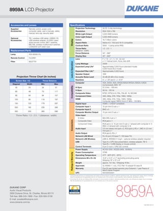 *	Actual lamp life will vary by individual lamp and based on environmental conditions, selected operating mode, user settings and usage. Hours of average
lamp life specified are not guaranteed and do not constitute part of the product or lamp warranty. Lamp brightness decreases over time.
**	Actual filter life will vary by individual filter and based on environmental conditions, selected operating mode, user settings and usage. Hours of average
filter life specified are not guaranteed and do not constitute part of the product warranty.
Accessories and Lenses
Supplied
Accessories
Remote control, power cord,
computer cable, user’s manuals, safety
manual, lens cap, security label
Optional
Accessories
TB-1 wireless USB tablet, USBWL11N
USB wireless adapter, HL02651 laser/
wired remote control, MS-1 switcher,
MS-1WL wireless multifunction switcher,
LCDS2000 soft sided case
Replacement Parts
Lamp 456-8958H-RJ
Remote Control HL02881
Filter MU07791
Specifications
Display
Projection Technology 3LCD, 3 chip technology
Resolution XGA 1024 x 768
White Light Output 5,000 ANSI lumens
Color Light Output 5,000 ANSI lumens
Colors 16.7 million colors
Aspect Ratio Native 4:3 / 16:9 and 16:10 compatible
Contrast Ratio 3000 : 1 (using active IRIS)
Throw Ratio
(distance : width)
1.5 - 2.5 : 1
Focus Distance 34 - 596
Display Size 30 - 300
LensOperation
Lens F = 1.6 - 2.1, f = 19 - 32 mm
x 1.7 manual zoom, focus, lens shift
Lamp Wattage 245W
Expected Lamp Life* Approximately 3,000 hours (standard mode)
5,000 hours (Eco mode)
Expected Filter Life** Approximately 5,000 hours
Speaker Output 16W
Acoustic Noise Level 35 dB (29 dB in Eco mode)
Keystone H: +/- 35º and V: +/- 37.5º
Compatibility
Computer VGA, SVGA, XGA, WXGA/SXGA/WXGA+/SXGA+/UXGA
(compressed), MAC 16
H-Sync 31.5 kHz - 106 kHz
V-Sync 56 Hz - 120 Hz
Composite Video NTSC, NTSC4.43, PAL, PAL-M, -N, SECAM
Component Video 480i, 480p, 576i, 720p, 1080i, 1080p
HDMI 480i, 480p, 576i, 720p, 1080i, 1080p,
Computer signal TMDS Clock 27 MHz - 150 MHz
Connectors
Digital Input HDMI x 1 (HDCP compliant)
Computer Input 1 15-pin mini D-sub x 1
Computer Input 2 BNC x 5
Computer Monitor Output 15-pin mini D-sub x 1
Video Input
S-Video Mini DIN 4-pin x 1
Composite Video RCA jack x 1
Component Video RCA jack x 3, 15-pin mini D-sub x 1 (shared with computer In 1)
BNC x 3 (shared with computer In 2)
Audio Input 3.5 mm stereo mini jack x 2, RCA jack (L/R) x 1, MIC-in 3.5 mm
mini jack x 1
Audio Output RCA jack (L/R) x 1
Network LAN Wired RJ-45 port (10 base-T / 100 base-TX)
Network LAN Wireless USB-A, IEEE802.11 b/g/n - optional wireless adapter required
USB Type A x 2 (PC-less presentation, wireless adapter, TB-1)
Type B x 1 (USB display or mouse control)
Control Terminals 9-pin D-sub x 1 (RS-232 control)
RatingsWarranty
Power Supply AC100-120V / AC220-240V, 50/60Hz
Power Consumption 370W
Operating Temperature 41ºF - 95ºF (5ºC - 35ºC)
Dimensions (W x D x H) 15.8 x 12.5 x 4.1 (excluding protruding parts)
Shipping 19 x 15 x 8
Weight approx. 10.1 lbs. / Shipping 16 lbs.
Approvals UL 60950-1 / cUL, FCC Part 15 subpart B class B
Warranty Five (5) year limited warranty plus Dukane’s 1 year Peace of
Mind Loaner Program
UPC 605194002931
Projection Throw Chart (In inches)
Screen Size 4:3 Throw Distance
Diagonal Width Min Max
30 24 34 57
60 48 70 117
80 64 94 157
100 80 118 197
150 120 179 297
200 160 239 396
300 240 360 596
Throw Ratio: 1.5 - 2.5 : 1 (distance : width)
8959A
8959A LCD Projector
DUKANE CORP
Audio Visual Products
2900 Dukane Drive, St. Charles, Illinois 60174
Toll-free: 888-245-1966 • Fax: 630-584-5156
E-mail: avsales@dukane.com
www.dukane.com/av
HI0199-05/13
 