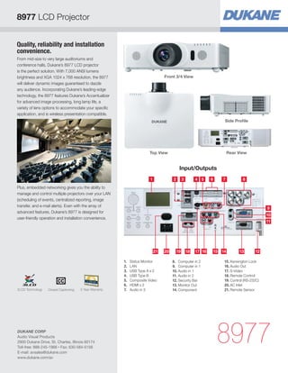 Quality, reliability and installation
convenience.
From mid-size to very large auditoriums and
conference halls, Dukane’s 8977 LCD projector
is the perfect solution. With 7,000 ANSI lumens
brightness and XGA 1024 x 768 resolution, the 8977
will deliver dynamic images guaranteed to dazzle
any audience. Incorporating Dukane’s leading-edge
technology, the 8977 features Dukane’s Accentualizer
for advanced image processing, long lamp life, a
variety of lens options to accommodate your specific
application, and is wireless presentation compatible.
Plus, embedded networking gives you the ability to
manage and control multiple projectors over your LAN
(scheduling of events, centralized reporting, image
transfer, and e-mail alerts). Even with the array of
advanced features, Dukane’s 8977 is designed for
user-friendly operation and installation convenience.
8977
Side Profile
Rear ViewTop View
Front 3/4 View
Input/Outputs
321
1921 17 16 15 14 121320 18
4 5 6 87
9
10
11
1.	 Status Monitor
2.	LAN
3.	 USB Type A x 2
4.	 USB Type B
5.	 Composite Video
6.	 HDMI x 2
7.	 Audio in 3
8.	 Computer in 2
9.	 Computer in 1
10.	Audio in 1
11.	Audio in 2
12.	Security Bar
13.	Monitor Out
14.	Component
15.	Kensington Lock
16.	Audio Out
17.	S-Video
18.	Remote Control
19.	Control (RS-232C)
20.	AC Inlet
21.	Remote Sensor
8977 LCD Projector
DUKANE CORP
Audio Visual Products
2900 Dukane Drive, St. Charles, Illinois 60174
Toll-free: 888-245-1966 • Fax: 630-584-5156
E-mail: avsales@dukane.com
www.dukane.com/av
5 Year WarrantyClosed Captioning3LCD Technology
 