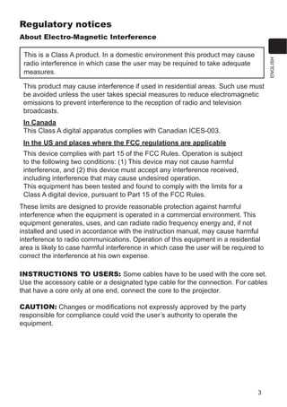 ,I DQ
DEQRUPDOLW VKRXOG RFFXU XQSOXJ WKH SURMHFWRU XUJHQWO
Ź6LWXDWH WKH SURGXFW DZD IURP FKLOGUHQ DQG SHWV
Ź.HHS VPDOO SDUWV DZD IURP FKLOGUHQ DQG SHWV ,I VZDOORZHG FRQVXOW D
SKVLFLDQ LPPHGLDWHO IRU HPHUJHQF WUHDWPHQW
Ź'R QRW XVH WKH SURGXFW ZKHQ WKHUH LV IHDU RI D WKXQGHUEROW
Ź8QSOXJ WKH SURMHFWRU IURP WKH SRZHU RXWOHW LI WKH SURMHFWRU LV QRW XVHG IRU WKH
WLPH EHLQJ
Ź'R QRW FRQQHFW WKH SURMHFWRU WR D SRZHU VXSSO ZKLOH QR OHQV XQLW LV DWWDFKHG WR LW
Ź'R QRW RSHQ RU UHPRYH DQ SRUWLRQ RI WKH SURGXFW XQOHVV WKH PDQXDOV GLUHFW
LW )RU LQWHUQDO PDLQWHQDQFH OHDYH LW WR RXU GHDOHU RU WKHLU VHUYLFH SHUVRQQHO
Ź8VH RQO WKH DFFHVVRULHV VSHFL¿HG RU UHFRPPHQGHG E WKH PDQXIDFWXUHU
Ź'R QRW PRGLI WKH SURMHFWRU RU DFFHVVRULHV
Ź'R QRW OHW DQ WKLQJV RU DQ OLTXLGV HQWHU WR WKH LQVLGH RI WKH SURGXFW
Ź'R QRW ZHW WKH SURGXFW
Ź'R QRW SODFH WKH SURMHFWRU ZKHUH DQ RLOV VXFK DV FRRNLQJ RU PDFKLQH RLO DUH XVHG
2LO PD KDUP WKH SURGXFW UHVXOWLQJ LQ PDOIXQFWLRQ RU IDOOLQJ IURP WKH PRXQWHG SRVLWLRQ
Ź'R QRW DSSO D VKRFN RU SUHVVXUH WR WKLV SURGXFW
 'R QRW SODFH WKH SURGXFW RQ DQ XQVWDEOH SODFH VXFK DV WKH XQHYHQ VXUIDFH RU
WKH OHDQHG WDEOH
 'R QRW SODFH WKH SURGXFW XQVWDEO 3ODFH WKH SURMHFWRU VR WKDW LW GRHV QRW
SURWUXGH IURP WKH VXUIDFH ZKHUH WKH SURMHFWRU LV SODFHG RQ
 $YRLG IURP DQ LPSDFW WKLV SURMHFWRU LV PDGH ZLWK SUHFLVLRQ SDUWV
 5HPRYH DOO WKH DWWDFKPHQWV LQFOXGLQJ WKH SRZHU FRUG DQG FDEOHV IURP WKH
SURMHFWRU ZKHQ FDUULQJ WKH SURMHFWRU
Ź'R QRW ORRN LQWR WKH OHQV DQG WKH RSHQLQJV RQ WKH SURMHFWRU ZKLOH WKH ODPS LV RQ
Ź'R QRW DSSURDFK WKH ODPS FRYHU DQG WKH H[KDXVW YHQWV ZKLOH WKH SURMHFWLRQ ODPS
LV RQ $OVR DIWHU WKH ODPS JRHV RXW GR QRW DSSURDFK WKHP IRU D ZKLOH VLQFH WRR KRW
 