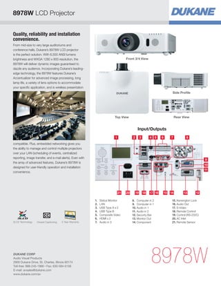 8978W LCD Projector
Quality, reliability and installation
convenience.
From mid-size to very large auditoriums and
conference halls, Dukane’s 8978W LCD projector
is the perfect solution. With 6,500 ANSI lumens
brightness and WXGA 1280 x 800 resolution, the
8978W will deliver dynamic images guaranteed to
dazzle any audience. Incorporating Dukane’s leadingedge technology, the 8978W features Dukane’s
Accentualizer for advanced image processing, long
lamp life, a variety of lens options to accommodate
your specific application, and is wireless presentation

Front 3/4 View

Side Profile

Rear View

Top View

Input/Outputs
1

2

3

4 5

6

7

8

compatible. Plus, embedded networking gives you
the ability to manage and control multiple projectors
over your LAN (scheduling of events, centralized
reporting, image transfer, and e-mail alerts). Even with
the array of advanced features, Dukane’s 8978W is
designed for user-friendly operation and installation
convenience.

9
10
11

21

3LCD Technology

Closed Captioning

5 Year Warranty

DUKANE CORP
Audio Visual Products
2900 Dukane Drive, St. Charles, Illinois 60174
Toll-free: 888-245-1966 • Fax: 630-584-5156
E-mail: avsales@dukane.com
www.dukane.com/av

1.	 Status Monitor
2.	LAN
3.	 USB Type A x 2
4.	 USB Type B
5.	 Composite Video
6.	 HDMI x 2
7.	 Audio in 3

20

19

18

17 16

8.	 Computer in 2
9.	 Computer in 1
10.	Audio in 1
11.	Audio in 2
12.	Security Bar
13.	Monitor Out
14.	Component

15 14

13

12

15.	Kensington Lock
16.	Audio Out
17.	S-Video
18.	Remote Control
19.	Control (RS-232C)
20.	AC Inlet
21.	Remote Sensor

8978W

 