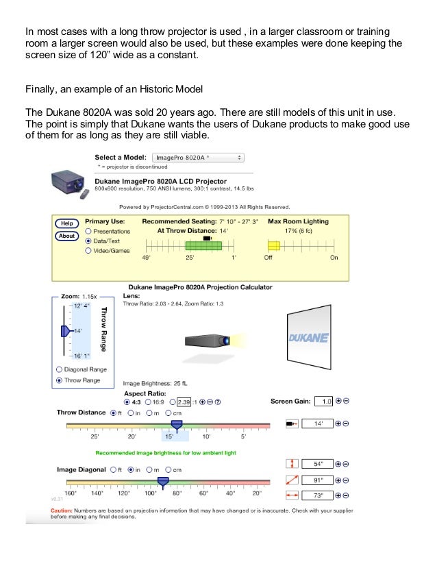 Dukane projector distance calculator 2013