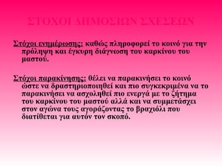 ΣΤΟΧΟΙ ΔΗΜΟΣΙΩΝ ΣΧΕΣΕΩΝ
Στόχοι ενημέρωσης: καθώς πληροφορεί το κοινό για την
πρόληψη και έγκυρη διάγνωση του καρκίνου του
μαστού.
Στόχοι παρακίνησης: θέλει να παρακινήσει το κοινό
ώστε να δραστηριοποιηθεί και πιο συγκεκριμένα να το
παρακινήσει να ασχοληθεί πιο ενεργά με το ζήτημα
του καρκίνου του μαστού αλλά και να συμμετάσχει
στον αγώνα τους αγοράζοντας το βραχιόλι που
διατίθεται για αυτόν τον σκοπό.
 