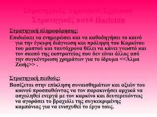 Στρατηγικές Δημοσίων Σχέσεων
Στρατηγικές κατά Hazleton
Στρατηγική πληροφόρησης:
Επιδιώκει να ενημερώσει και να καθοδηγήσει το κοινό
για την έγκυρη διάγνωση και πρόληψη του Καρκίνου
του μαστού και ταυτόχρονα θέλει να κάνει γνωστό και
τον σκοπό της εκστρατείας που δεν είναι άλλος από
την συγκέντρωση χρημάτων για το ίδρυμα <<Άλμα
Ζωής>> .
Στρατηγική πειθούς:
Βασίζεται στην επίκληση συναισθημάτων και αξιών του
κοινού προσπαθώντας να τον παρακινήσει αρχικά να
ασχοληθεί ενεργά με τον καρκίνο και δευτερευόντως
να αγοράσει το βραχιόλι της συγκεκριμένης
καμπάνιας για να ενισχυθεί το έργο τους.
 