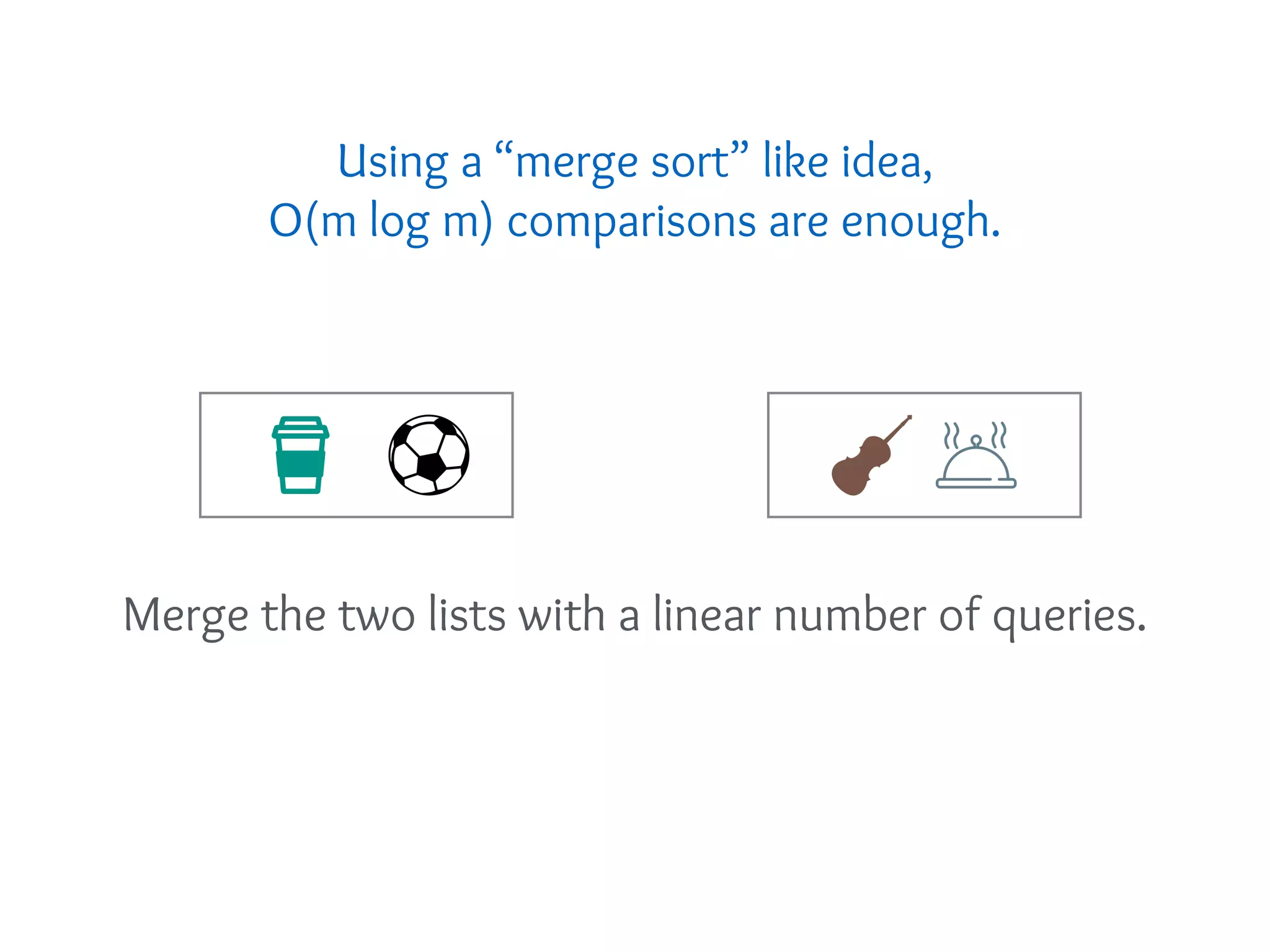 Using a “merge sort” like idea,
O(m log m) comparisons are enough.
Merge the two lists with a linear number of queries.
 