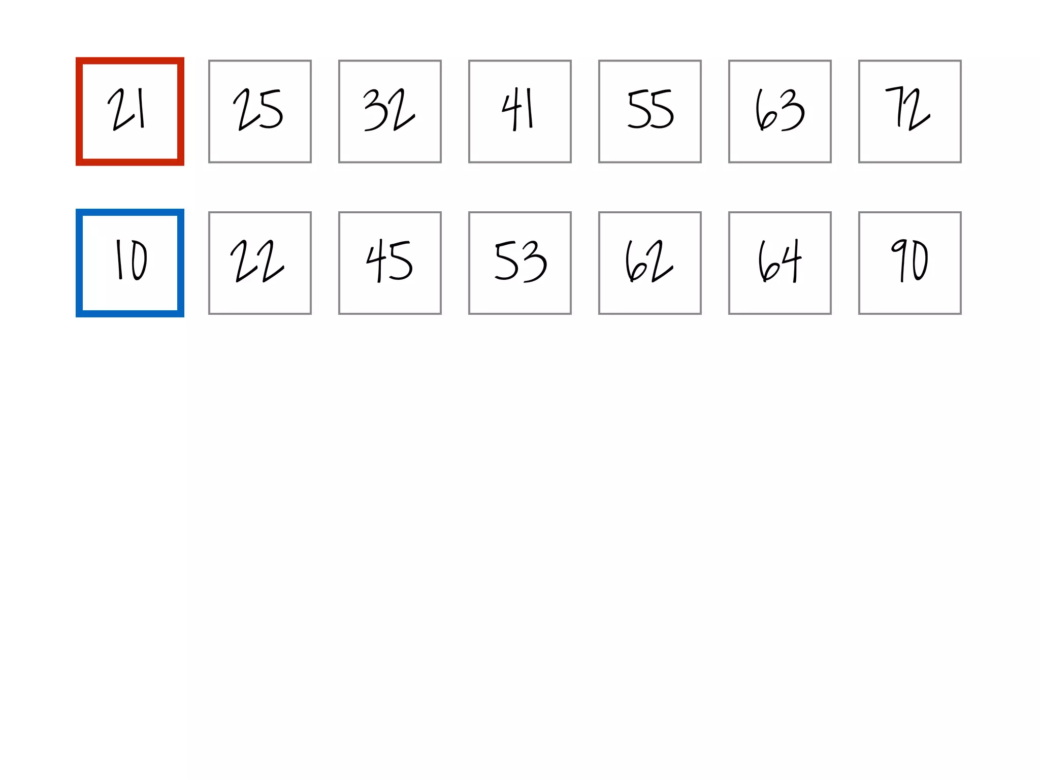 21 25 32 41 55 63 72
10 22 45 53 62 64 90
 