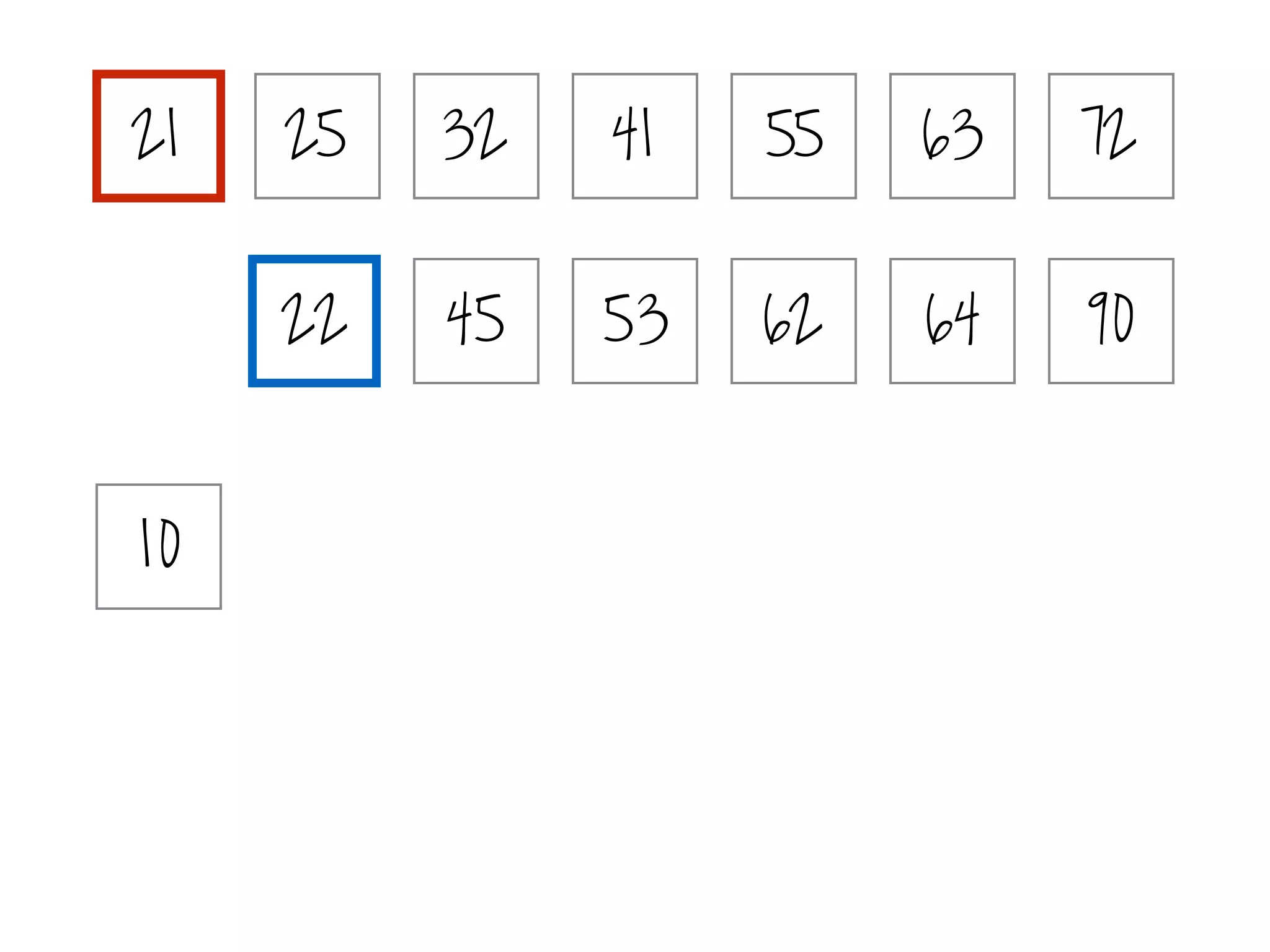 21 25 32 41 55 63 72
10
22 45 53 62 64 90
 