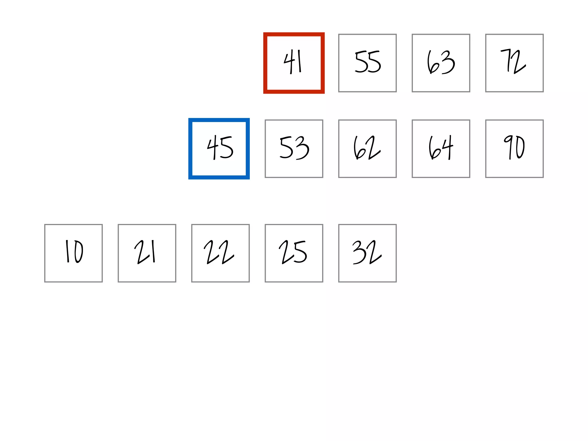 21 25 32
41 55 63 72
10 22
45 53 62 64 90
 