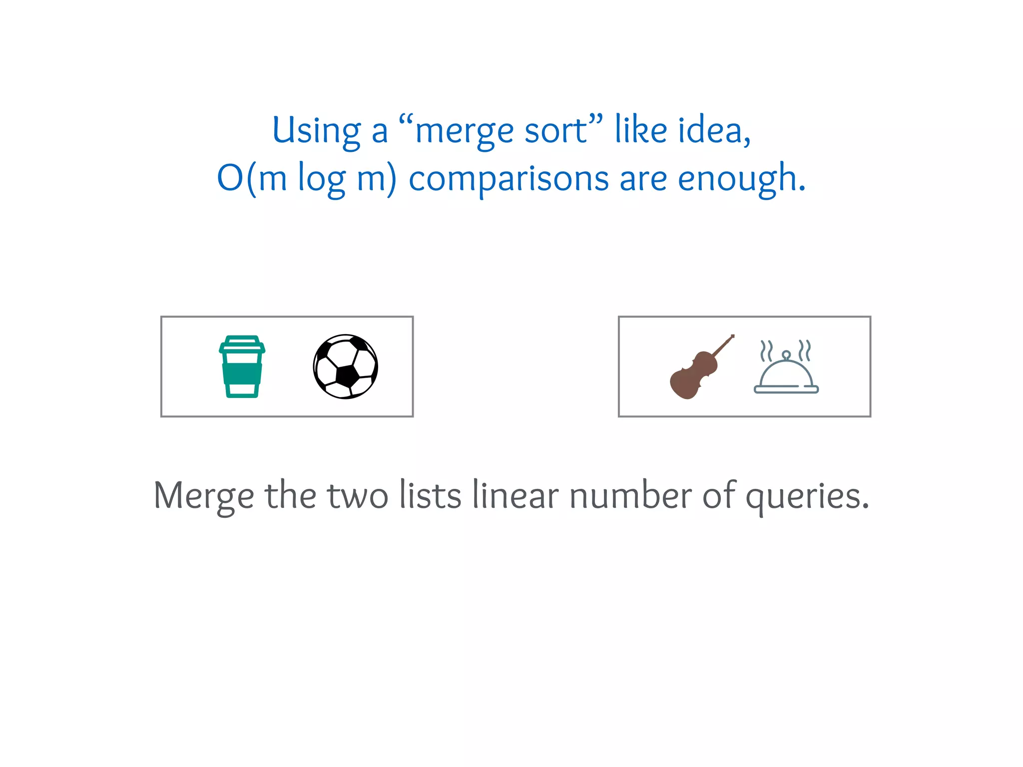 Using a “merge sort” like idea,
O(m log m) comparisons are enough.
Merge the two lists linear number of queries.
 