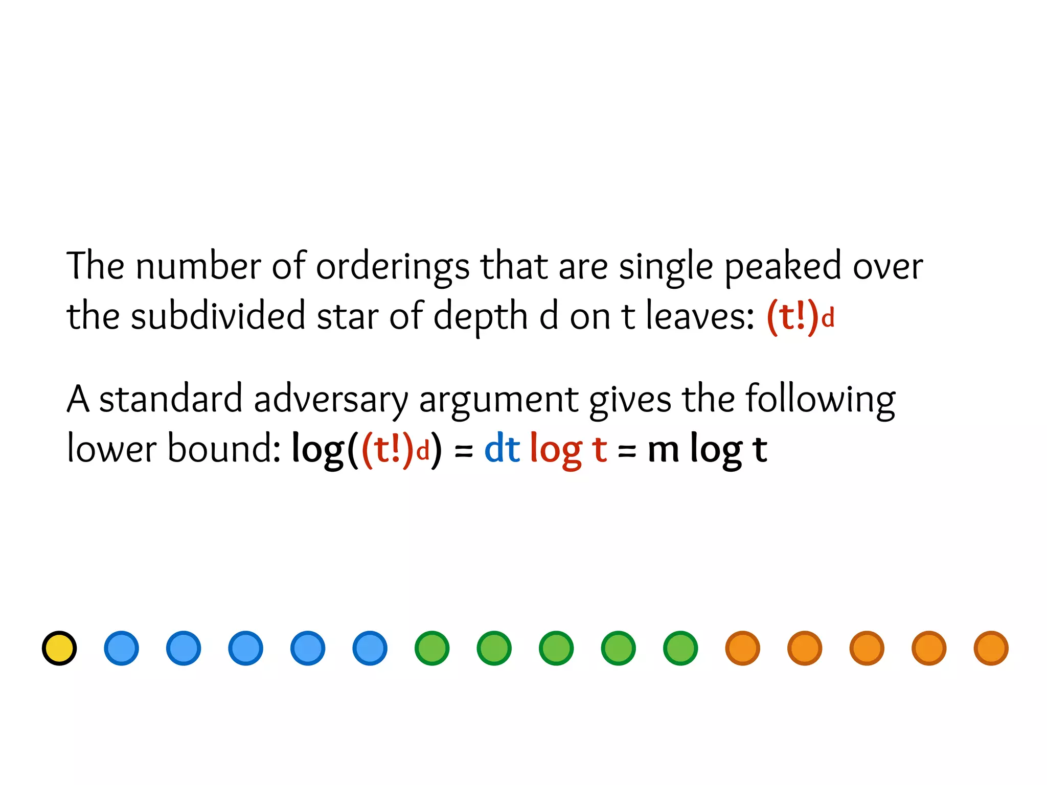 The number of orderings that are single peaked over
the subdivided star of depth d on t leaves: (t!)d
A standard adversary argument gives the following
lower bound: log((t!)d) = dt log t = m log t
 