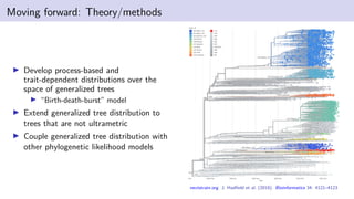 Moving forward: Theory/methods
▶ Develop process-based and
trait-dependent distributions over the
space of generalized trees
▶ “Birth-death-burst” model
▶ Extend generalized tree distribution to
trees that are not ultrametric
▶ Couple generalized tree distribution with
other phylogenetic likelihood models
nextstrain.org J. Hadfield et al. (2018). Bioinformatics 34: 4121–4123
 