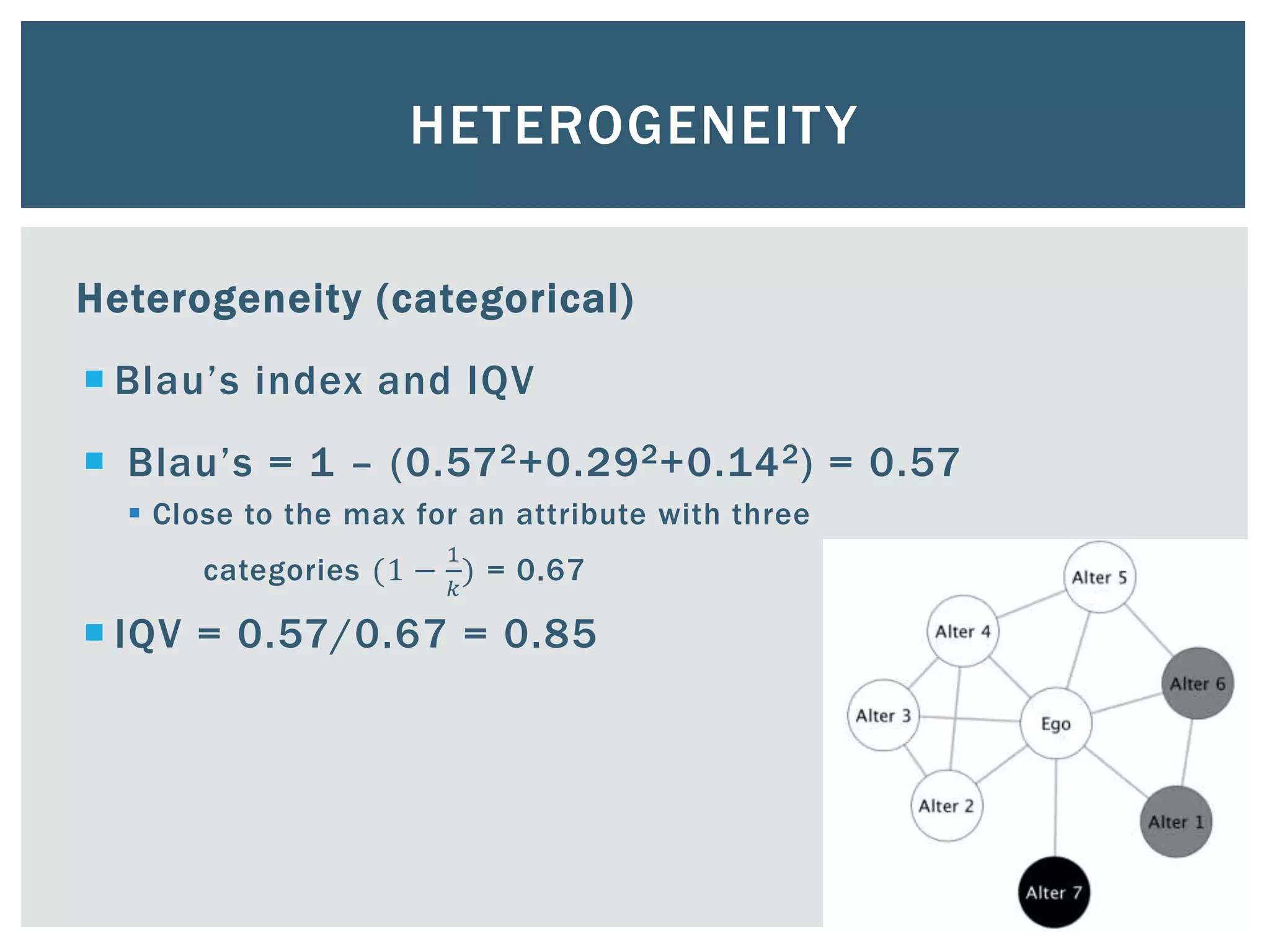 HETEROGENEITY
Heterogeneity (categorical)
 Blau’s index and IQV
 Blau’s = 1 – (0.572+0.292+0.142) = 0.57
 Close to the max for an attribute with three
categories (1 −
1
𝑘
) = 0.67
 IQV = 0.57/0.67 = 0.85
 