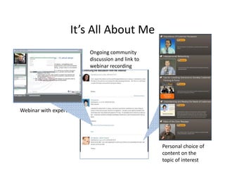 It’s All About Me
                          Ongoing community
                          discussion and link to
                          webinar recording




Webinar with experts




                                                   Personal choice of
                                                   content on the
                                                   topic of interest
 