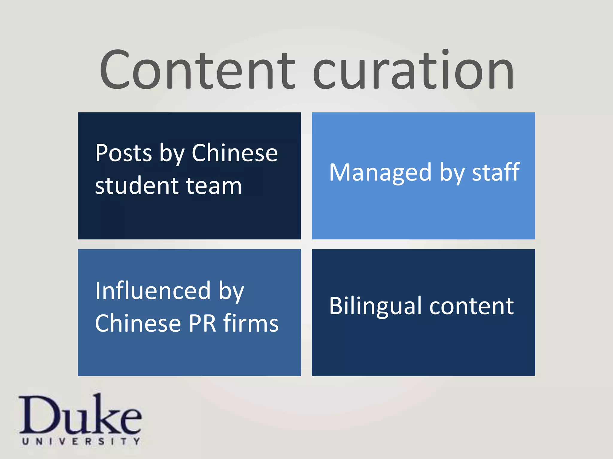 Content curation
Posts by Chinese
student team       Managed by staff



Influenced by
                   Bilingual content
Chinese PR firms
 