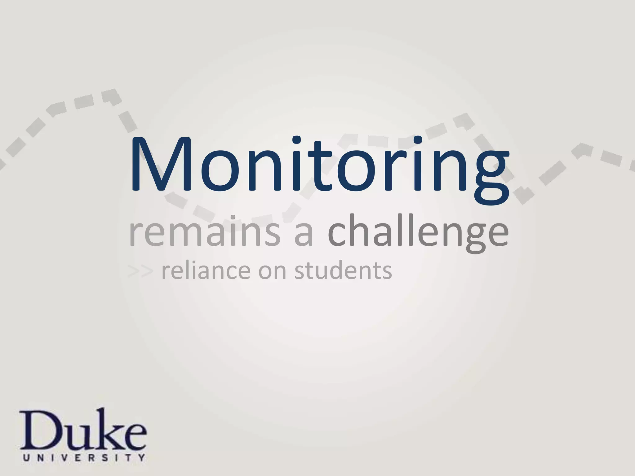 Monitoring
remains a challenge
>> reliance on students
 