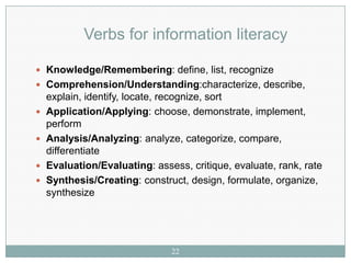 Verbs for information literacy

 Knowledge/Remembering: define, list, recognize
 Comprehension/Understanding:characterize, describe,
    explain, identify, locate, recognize, sort
   Application/Applying: choose, demonstrate, implement,
    perform
   Analysis/Analyzing: analyze, categorize, compare,
    differentiate
   Evaluation/Evaluating: assess, critique, evaluate, rank, rate
   Synthesis/Creating: construct, design, formulate, organize,
    synthesize




                               22
 