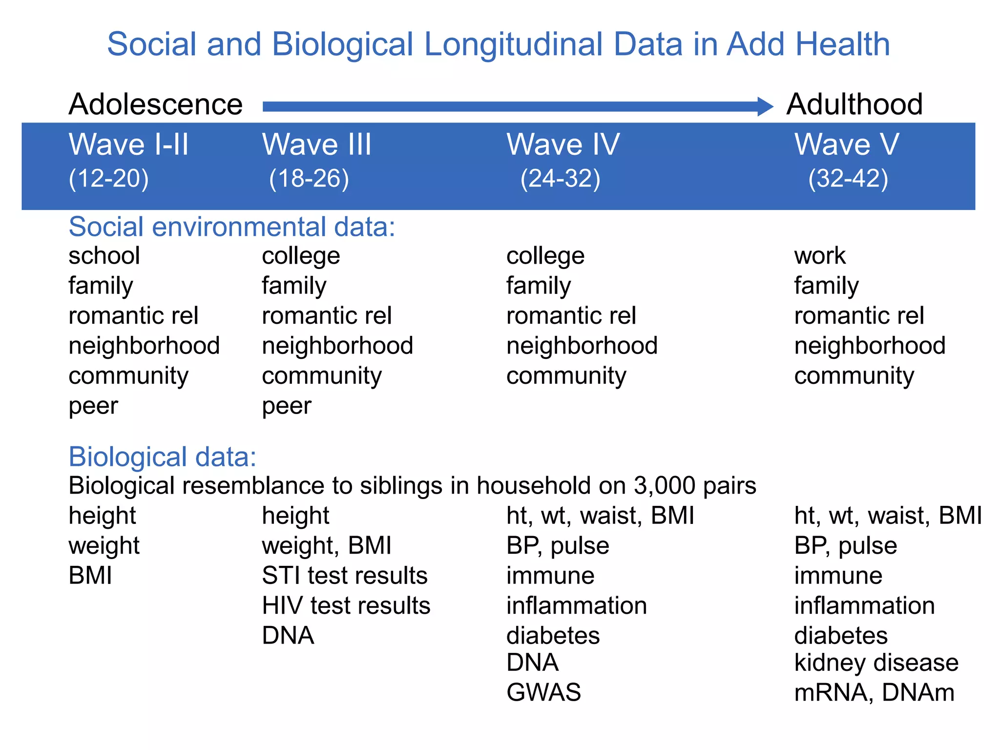 Social and Biological Longitudinal Data in Add Health
Adolescence Adulthood
Wave I-II Wave III Wave IV Wave V
(12-20) (18-26) (24-32) (32-42)
Social environmental data:
school college college work
family family family family
romantic rel romantic rel romantic rel romantic rel
neighborhood neighborhood neighborhood neighborhood
community community community community
peer peer
Biological data:
Biological resemblance to siblings in household on 3,000 pairs
height height ht, wt, waist, BMI ht, wt, waist, BMI
weight weight, BMI BP, pulse BP, pulse
BMI STI test results immune immune
HIV test results inflammation inflammation
DNA diabetes diabetes
DNA kidney disease
GWAS mRNA, DNAm
 