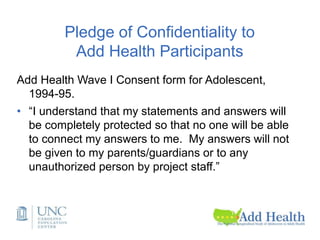 Pledge of Confidentiality to
Add Health Participants
Add Health Wave I Consent form for Adolescent,
1994-95.
• “I understand that my statements and answers will
be completely protected so that no one will be able
to connect my answers to me. My answers will not
be given to my parents/guardians or to any
unauthorized person by project staff.”
 