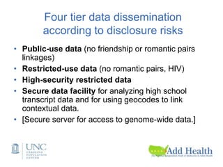 Four tier data dissemination
according to disclosure risks
• Public-use data (no friendship or romantic pairs
linkages)
• Restricted-use data (no romantic pairs, HIV)
• High-security restricted data
• Secure data facility for analyzing high school
transcript data and for using geocodes to link
contextual data.
• [Secure server for access to genome-wide data.]
 