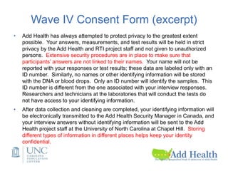 Wave IV Consent Form (excerpt)
• Add Health has always attempted to protect privacy to the greatest extent
possible. Your answers, measurements, and test results will be held in strict
privacy by the Add Health and RTI project staff and not given to unauthorized
persons. Extensive security procedures are in place to make sure that
participants’ answers are not linked to their names. Your name will not be
reported with your responses or test results; these data are labeled only with an
ID number. Similarly, no names or other identifying information will be stored
with the DNA or blood drops. Only an ID number will identify the samples. This
ID number is different from the one associated with your interview responses.
Researchers and technicians at the laboratories that will conduct the tests do
not have access to your identifying information.
• After data collection and cleaning are completed, your identifying information will
be electronically transmitted to the Add Health Security Manager in Canada, and
your interview answers without identifying information will be sent to the Add
Health project staff at the University of North Carolina at Chapel Hill. Storing
different types of information in different places helps keep your identity
confidential.
 