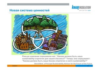 Новая система ценностей




              Раньше компании спрашивали нас: “Какова должна быть наша
              sustainability-стратегия для нашего бизнеса?” Теперь они спрашивают:
              “Какова должна быть наша бизнес-стратегия в свете sustainability?”
                          David Bent, a Principal Sustainability Advisor for the Forum of the Future
 25/06/2010                                                                                   16
 