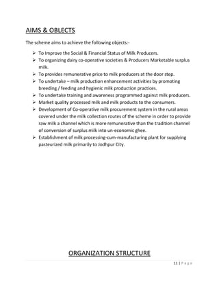 AIMS & OBLECTS
The scheme aims to achieve the following objects:-

    To Improve the Social & Financial Status of Milk Producers.
    To organizing dairy co-operative societies & Producers Marketable surplus
     milk.
    To provides remunerative price to milk producers at the door step.
    To undertake – milk production enhancement activities by promoting
     breeding / feeding and hygienic milk production practices.
    To undertake training and awareness programmed against milk producers.
    Market quality processed milk and milk products to the consumers.
    Development of Co-operative milk procurement system in the rural areas
     covered under the milk collection routes of the scheme in order to provide
     raw milk a channel which is more remunerative than the tradition channel
     of conversion of surplus milk into un-economic ghee.
    Establishment of milk processing-cum-manufacturing plant for supplying
     pasteurized milk primarily to Jodhpur City.




                    ORGANIZATION STRUCTURE
                                                                      11 | P a g e
 