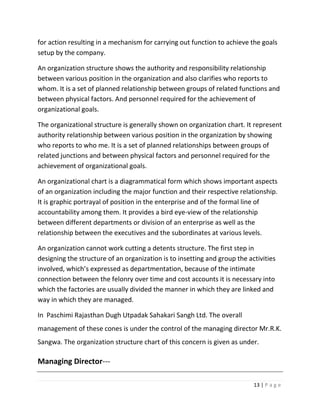for action resulting in a mechanism for carrying out function to achieve the goals
setup by the company.

An organization structure shows the authority and responsibility relationship
between various position in the organization and also clarifies who reports to
whom. It is a set of planned relationship between groups of related functions and
between physical factors. And personnel required for the achievement of
organizational goals.

The organizational structure is generally shown on organization chart. It represent
authority relationship between various position in the organization by showing
who reports to who me. It is a set of planned relationships between groups of
related junctions and between physical factors and personnel required for the
achievement of organizational goals.

An organizational chart is a diagrammatical form which shows important aspects
of an organization including the major function and their respective relationship.
It is graphic portrayal of position in the enterprise and of the formal line of
accountability among them. It provides a bird eye-view of the relationship
between different departments or division of an enterprise as well as the
relationship between the executives and the subordinates at various levels.

An organization cannot work cutting a detents structure. The first step in
designing the structure of an organization is to insetting and group the activities
involved, which’s expressed as departmentation, because of the intimate
connection between the felonry over time and cost accounts it is necessary into
which the factories are usually divided the manner in which they are linked and
way in which they are managed.

In Paschimi Rajasthan Dugh Utpadak Sahakari Sangh Ltd. The overall
management of these cones is under the control of the managing director Mr.R.K.
Sangwa. The organization structure chart of this concern is given as under.

Managing Director---

                                                                           13 | P a g e
 
