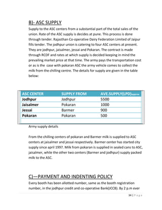 B)- ASC SUPPLY
   Supply to the ASC centers from a substantial part of the total sales of the
   union. Rate of the ASC supply is decides at pune. This process is done
   through tender. Rajasthan Co-operative Dairy Federation Limited of Jaipur
   fills tender. The jodhpur union is catering to four ASC centers at present.
   They are jodhpur, jaisalmer, jessai and Pokaran. The contract is made
   through RCDF and rates at which supply is decided keeping in mind the
   prevailing market price at that time. The army pays the transportation cost
   or as is the case with pokaran ASC the army vehicle comes to collect the
   milk from the chilling centre. The details for supply are given in the table
   below:



ASC CENTER               SUPPLY FROM               AVE.SUPPLY(LPD)approx
Jodhpur                  Jodhpur                   5500
Jaisalmer                Pokaran                   1000
Jessai                   Barmer                    900
Pokaran                  Pokaran                   500

   Army supply details

   From the chilling centers of pokaran and Barmer milk is supplied to ASC
   centers at jaisalmer and jessai respectively. Barmer center has started city
   supply since april 1997. Milk from pokaran is supplied in sealed cans to ASC,
   jaisalmer, while the other two centers (Barmer and jodhpur) supply packed
   milk to the ASC.




   C)—PAYMENT AND INDENTING POLICY
   Every booth has been allotted number, same as the booth registration
   number, in the jodhpur credit and co-operative Bank(JCCB). By 2 p.m ever
                                                                      34 | P a g e
 