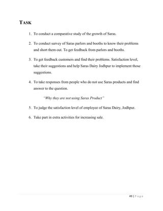 TASK

   1. To conduct a comparative study of the growth of Saras.

   2. To conduct survey of Saras parlors and booths to know their problems
       and short them out. To get feedback from parlors and booths.

   3. To get feedback customers and find their problems. Satisfaction level,
       take their suggestions and help Saras Dairy Jodhpur to implement those
       suggestions.

   4. To take responses from people who do not use Saras products and find
       answer to the question.

             “Why they are not using Saras Product”

   5. To judge the satisfaction level of employee of Saras Dairy, Jodhpur.

   6. Take part in extra activities for increasing sale.




                                                                      49 | P a g e
 