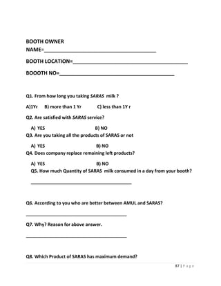 BOOTH OWNER
NAME=_______________________________________

BOOTH LOCATION=________________________________________

BOOOTH NO=________________________________________


Q1. From how long you taking SARAS milk ?

A)1Yr   B) more than 1 Yr        C) less than 1Y r

Q2. Are satisfied with SARAS service?

  A) YES                         B) NO
Q3. Are you taking all the products of SARAS or not

  A) YES                      B) NO
Q4. Does company replace remaining left products?

  A) YES                      B) NO
  Q5. How much Quantity of SARAS milk consumed in a day from your booth?

  ________________________________________



Q6. According to you who are better between AMUL and SARAS?

________________________________________

Q7. Why? Reason for above answer.

________________________________________



Q8. Which Product of SARAS has maximum demand?
                                                                87 | P a g e
 