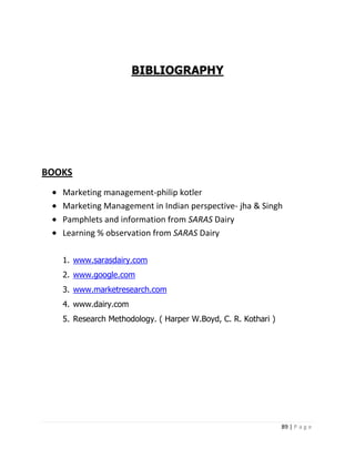 BIBLIOGRAPHY




BOOKS
   Marketing management-philip kotler
   Marketing Management in Indian perspective- jha & Singh
   Pamphlets and information from SARAS Dairy
   Learning % observation from SARAS Dairy

   1. www.sarasdairy.com
   2. www.google.com
   3. www.marketresearch.com
   4. www.dairy.com
   5. Research Methodology. ( Harper W.Boyd, C. R. Kothari )




                                                               89 | P a g e
 